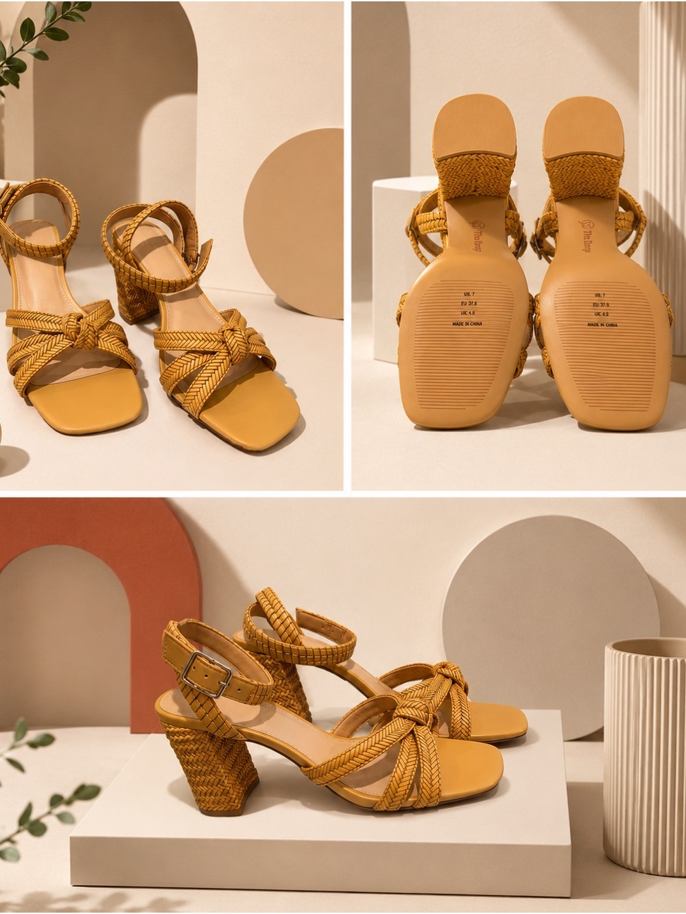Braided Block Heel Sandals in Mustard - Unbranded